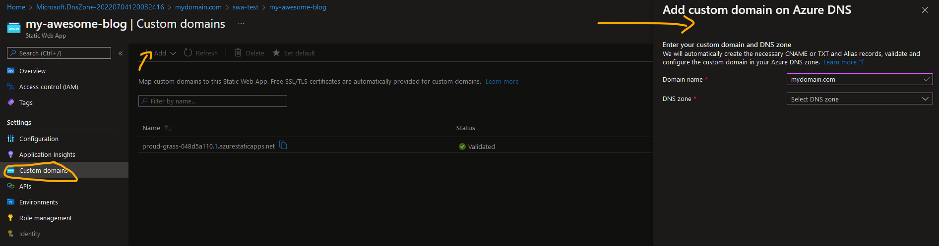 Connect custom domains to SWA in Azure