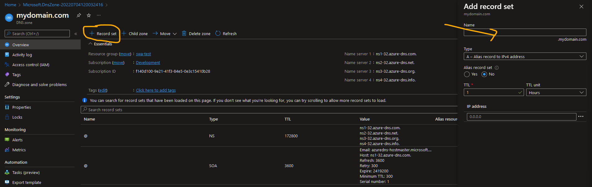 Create DNS records in a DNS zone in Azure